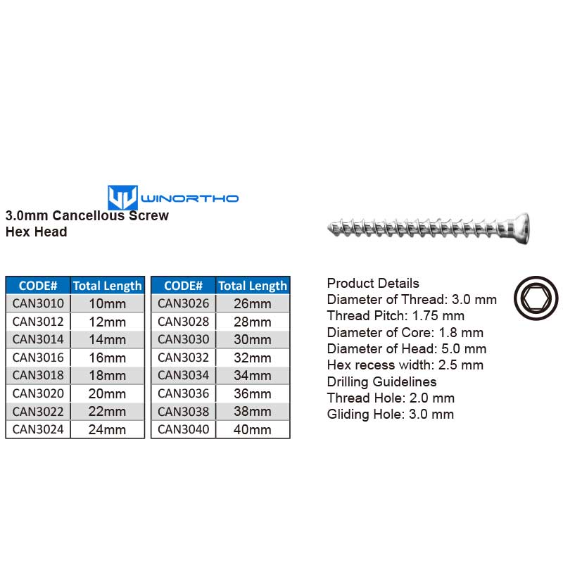 3.0mm Cancellous Screw Hex Head vet veterinary orthopedic winortho implants bone plate pet dog small animals bluesao AO