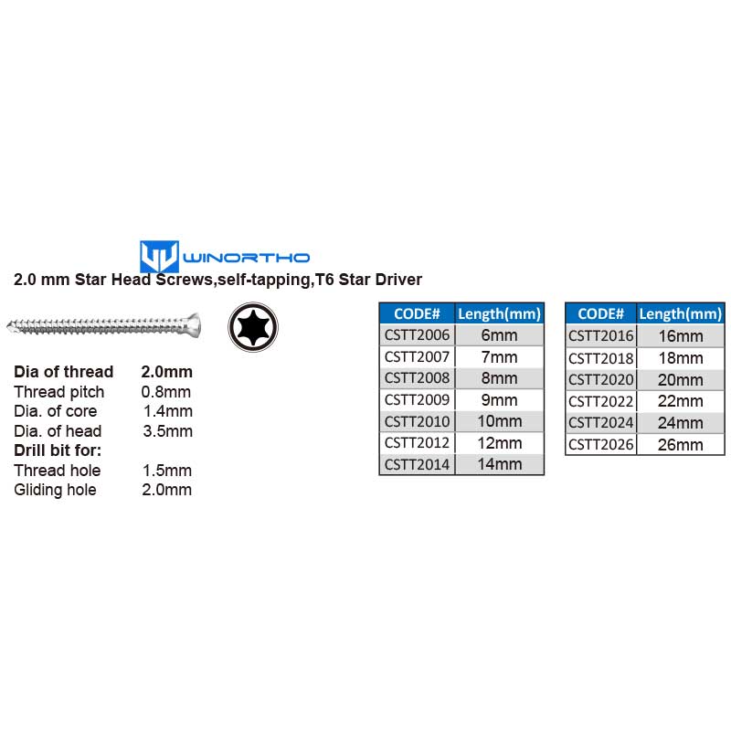 2.0 mm Star Head Screws,self-tapping,T6 Star Driver vet veterinary orthopedic instruments  winortho animals pet dog