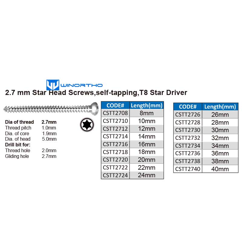 2.7mm star head cortical screws, seld-tapping . stainless steel a0 vet animal pet dog